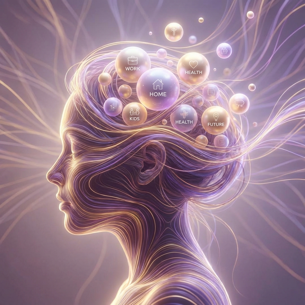 Silhueta feminina formada por linhas de luz equilibrando esferas brilhantes representando tarefas mentais.