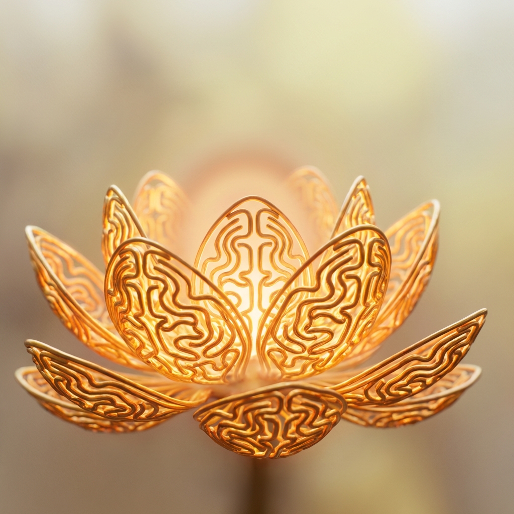 Flor de lótus radiante formada por padrões de sulcos cerebrais, simbolizando a recuperação cognitiva.
