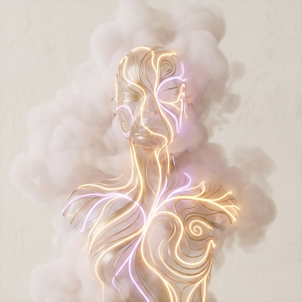 Representação artística abstrata de um cérebro feminino emanando luz dourada e lilás, simbolizando atividade neural e bioenergia.