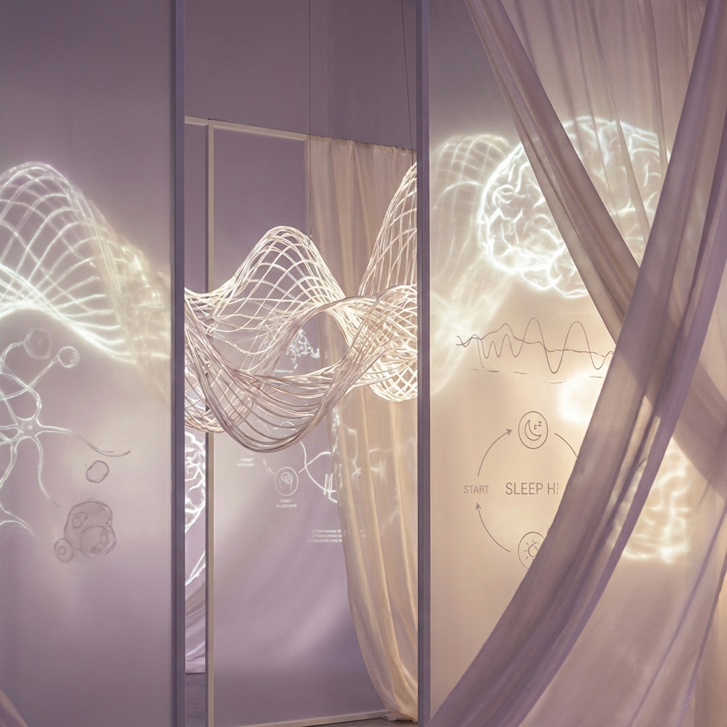 Ondas suaves de energia lilás e branco quente representando as fases restauradoras do sono profundo e a limpeza glinfática.