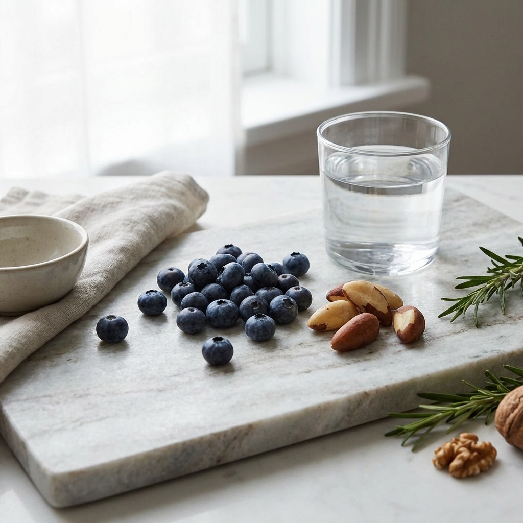 Composição elegante com mirtilos, castanhas-do-pará e água, representando nutrição cerebral de alta qualidade.