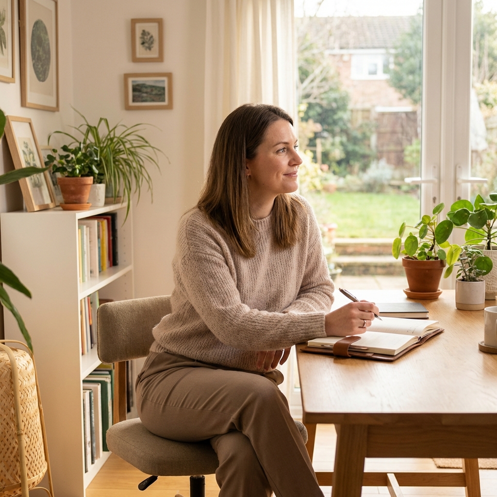 Mulher confiante em ambiente sereno de escritório, escrevendo em diário, transmitindo calma e autonomia
