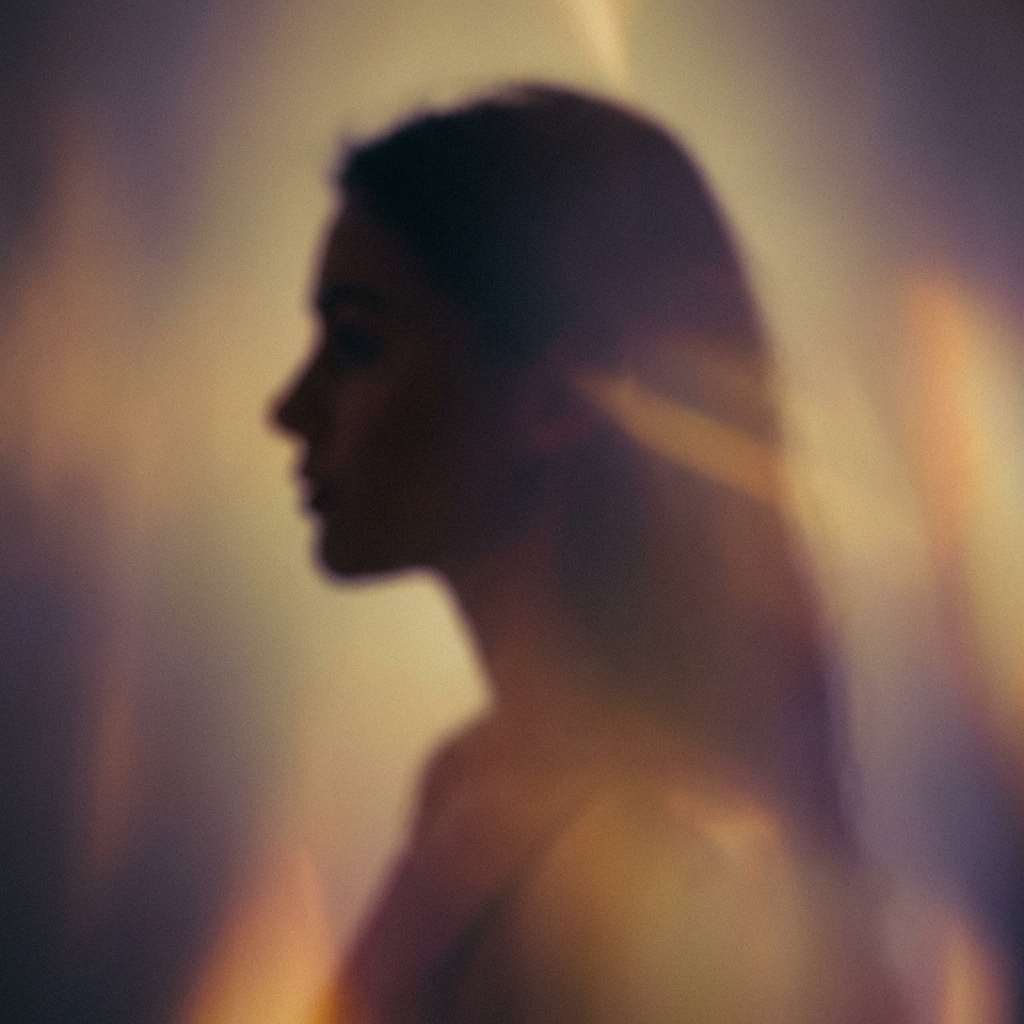 Silhueta artística feminina representando introspecção e clareza mental, com iluminação dourada e lilás